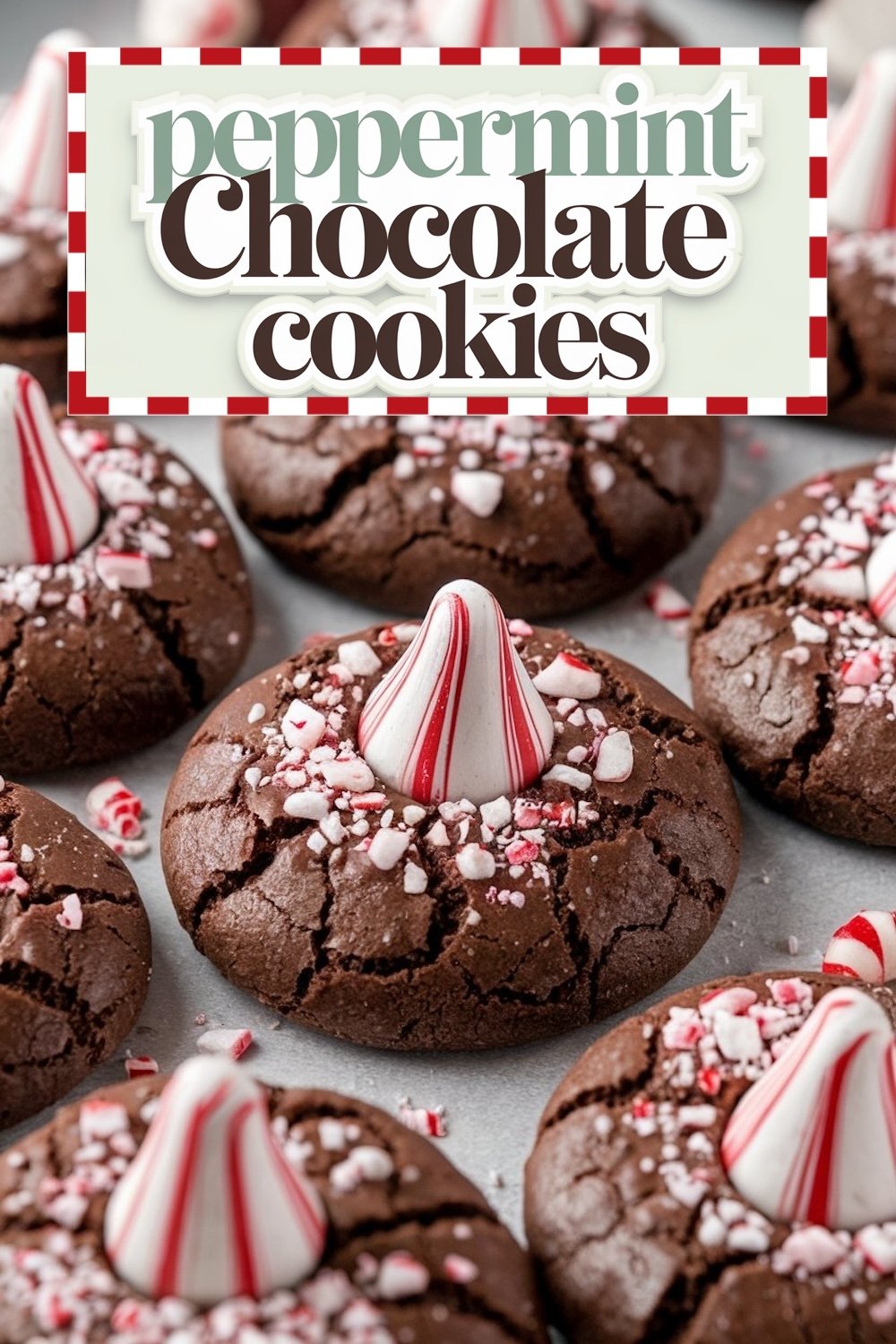 Close-up of freshly baked peppermint chocolate cookies topped with striped peppermint candies and sprinkled with crushed candy pieces, presented on a festive themed background.