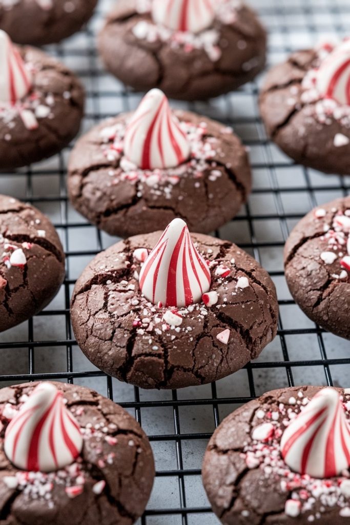Close-up of chocolate cookies adorned with peppermint candies and candy cane bits, positioned on a wire cooling rack under warm holiday lights.