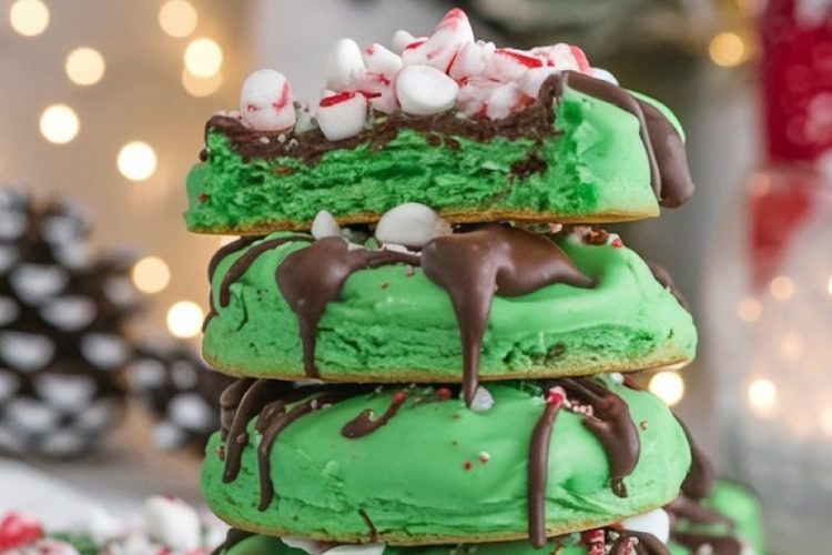 A stack of vibrant green peppermint hot chocolate cookies, with one cookie on top split open to reveal a soft, festive green interior. Each cookie is generously drizzled with melted chocolate and sprinkled with mini marshmallows and crushed peppermint candy, adding a festive, holiday-inspired touch. The background is softly lit with warm holiday lights, adding a cozy, Christmas ambiance to the scene.