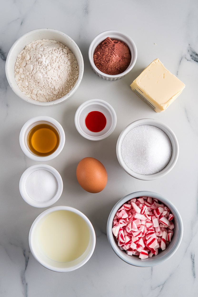 An assortment of baking ingredients carefully arranged on a marble surface. Includes a small bowl of flour, cocoa powder, sugar, vanilla extract, red food coloring, an egg, milk, butter, and crushed peppermint candy. This setup hints at a festive baking project, perfect for holiday cookies or seasonal treats.