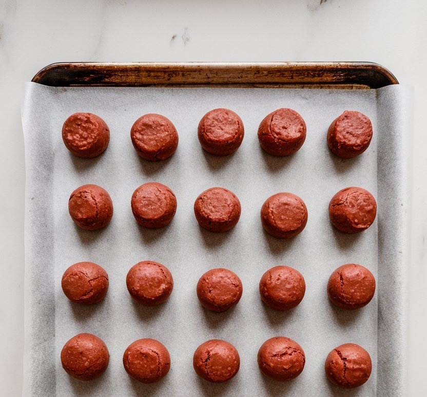 A baking tray lined with parchment paper showcasing round, raw red velvet cookie dough balls arranged in a neat grid pattern. The vibrant red color of the dough suggests a holiday-themed recipe, ideal for red velvet cookies or peppermint-infused treats, ready to bake.
