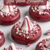 Red velvet peppermint blossom cookies neatly lined up, each topped with a peppermint swirl kiss and surrounded by crushed candy canes. The cookies’ rich red hue combined with the white peppermint candy offers a visually appealing treat ideal for holiday cookie exchanges or Pinterest boards.