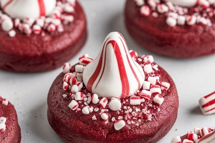 Red velvet peppermint blossom cookies neatly lined up, each topped with a peppermint swirl kiss and surrounded by crushed candy canes. The cookies’ rich red hue combined with the white peppermint candy offers a visually appealing treat ideal for holiday cookie exchanges or Pinterest boards.