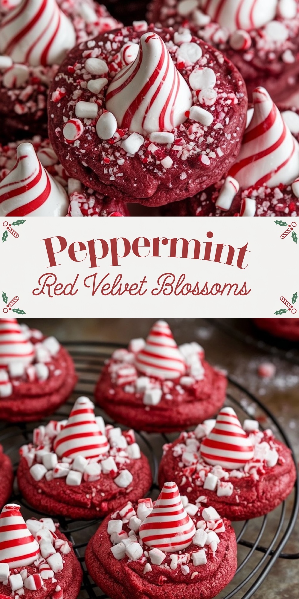 Close-up of vibrant red velvet peppermint blossom cookies topped with a striped peppermint kiss and sprinkled with crushed candy canes and mini marshmallows. The bright red cookies create a striking contrast with the festive red-and-white candy swirl, perfect for Christmas dessert inspiration.
