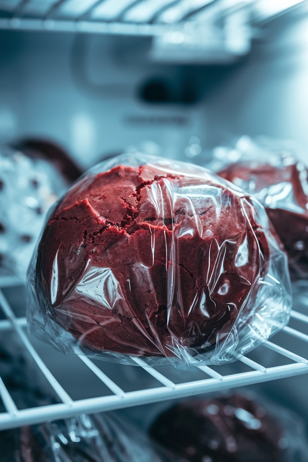 A ball of red velvet cookie dough wrapped in plastic wrap and stored in the fridge, capturing the preparatory stage of making festive holiday cookies. This step highlights how to properly chill dough for the best baking results, especially for seasonal treats like peppermint blossoms.