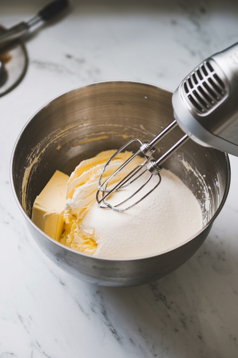 A close-up shot of a stainless steel mixing bowl filled with butter, sugar, and flour, with a handheld mixer partially inserted, preparing to blend the ingredients. The setup is on a light marble countertop, capturing the initial steps of baking for a holiday treat or dessert recipe.