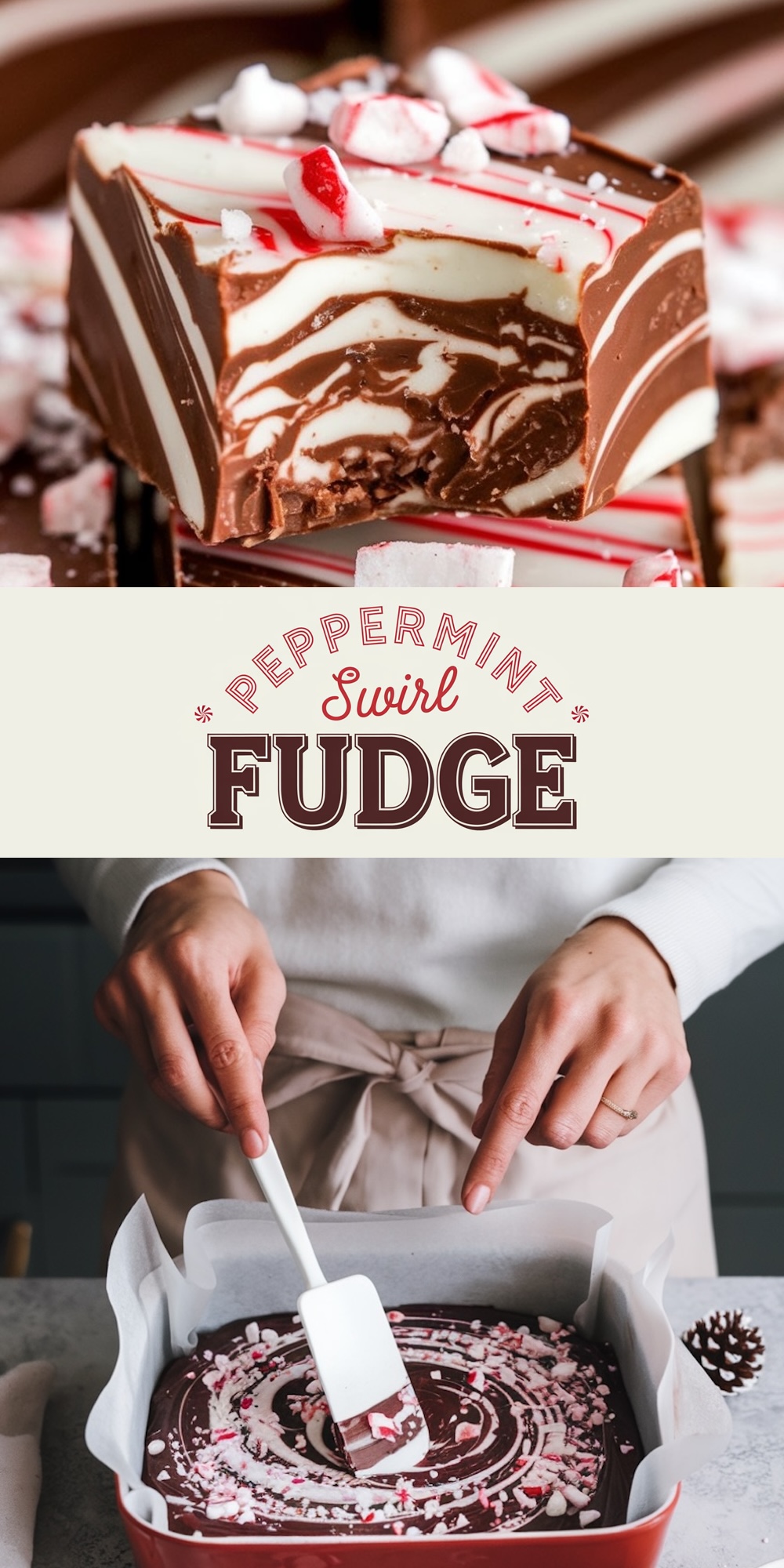 A dual-layered image featuring peppermint swirl fudge. The top half shows a close-up of a decadent square of fudge with rich chocolate and creamy white swirls, garnished with crushed peppermint candy on top, emphasizing the festive flavor and smooth texture. The bottom half shows hands smoothing the surface of the fudge mixture in a pan with a spatula, giving a behind-the-scenes look at the preparation process.