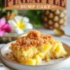 Image of Easy Pineapple Dump Cake, featuring a close-up view of the cake with pineapple chunks and a crumbly topping, served on a ceramic plate with tropical flowers and a pineapple in the background.