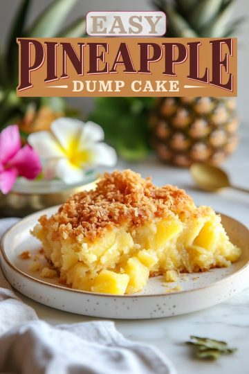Image of Easy Pineapple Dump Cake, featuring a close-up view of the cake with pineapple chunks and a crumbly topping, served on a ceramic plate with tropical flowers and a pineapple in the background.