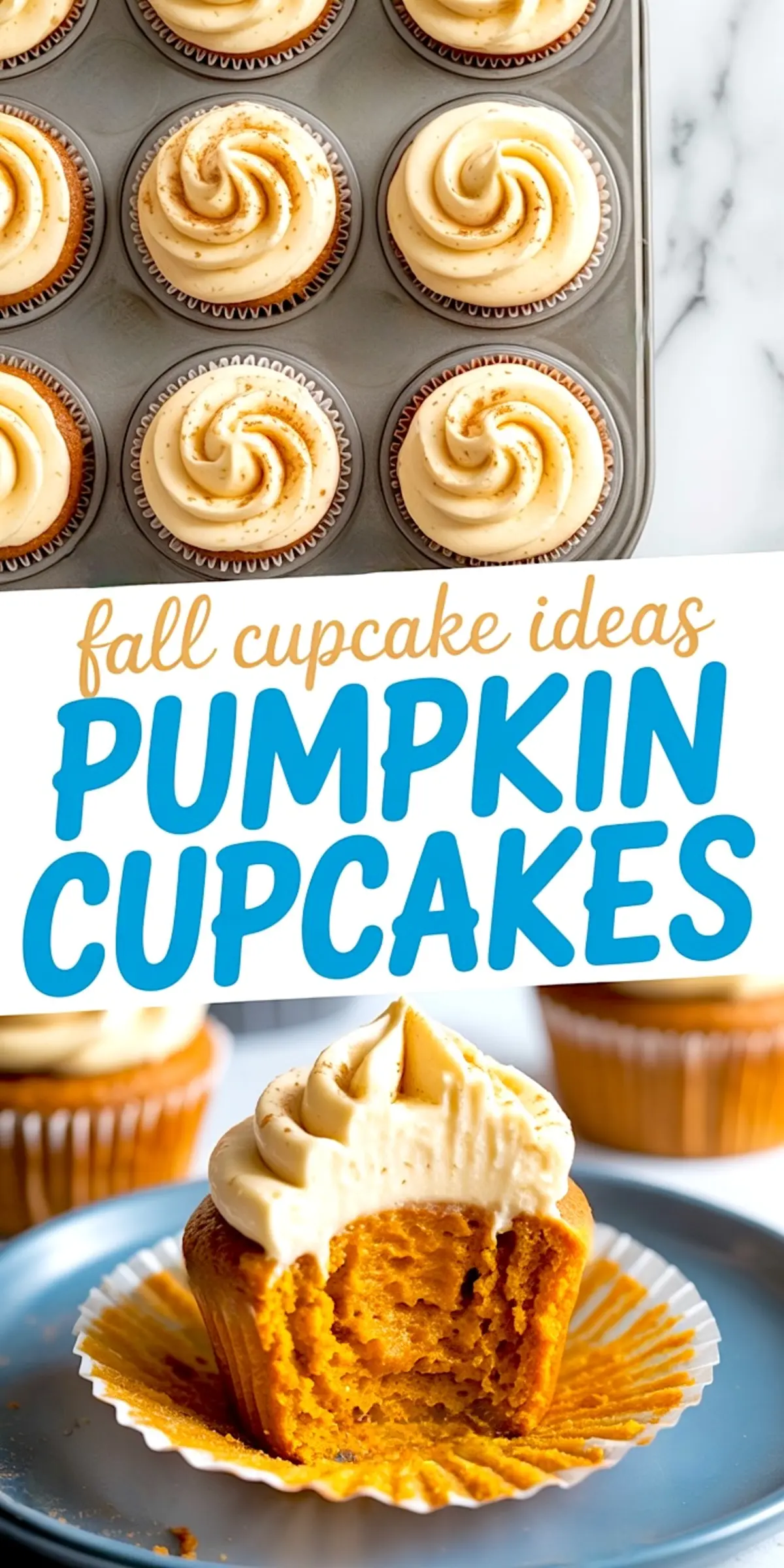 Pumpkin cupcakes with cream cheese frosting piped in tall swirls and dusted with cinnamon. One cupcake has a bite taken out to show the soft pumpkin center. Displayed in a muffin tin and on a blue plate, perfect for showcasing fall cupcake flavors.
