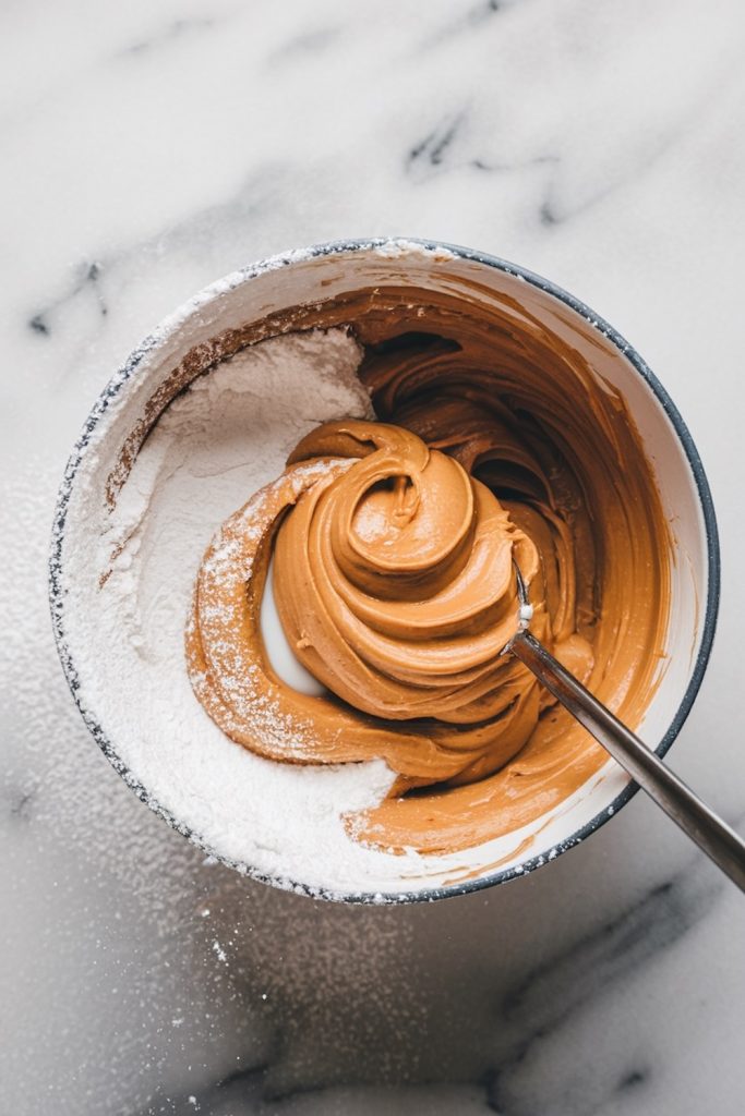 Creamy peanut butter frosting being mixed in a metal bowl, showing a rich, smooth texture perfect for topping cupcakes.