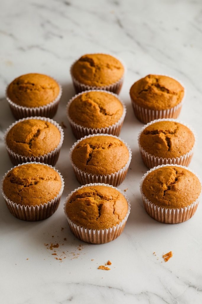 Freshly baked pumpkin spice cupcakes lined up on a white marble surface, each in a brown paper liner.