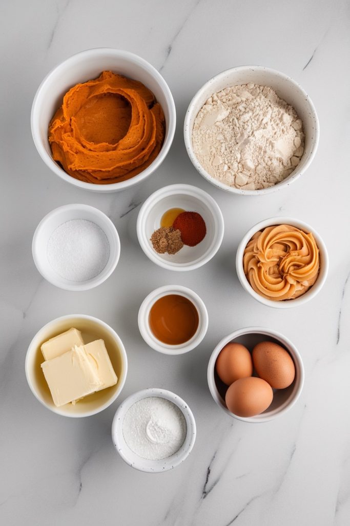 Ingredients for pumpkin cupcakes neatly organized in white bowls on a marble countertop, including flour, spices, butter, and caramel sauce.