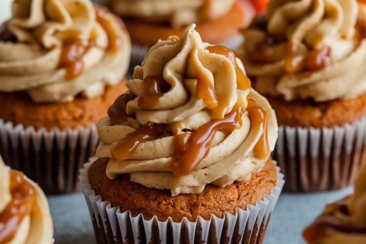 Festive display of Pumpkin Cupcakes with peanut butter frosting and caramel drizzle, set against a backdrop of autumn leaves and pumpkins, with the caption 'PUMPKIN CUPCAKES with caramel drizzle'.