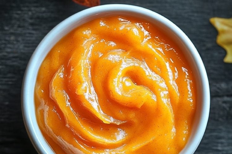 Top view of a bowl of smooth pumpkin jam on a dark wooden surface, surrounded by autumn leaves, with 'Pumpkin Jam Recipe' text overlay.