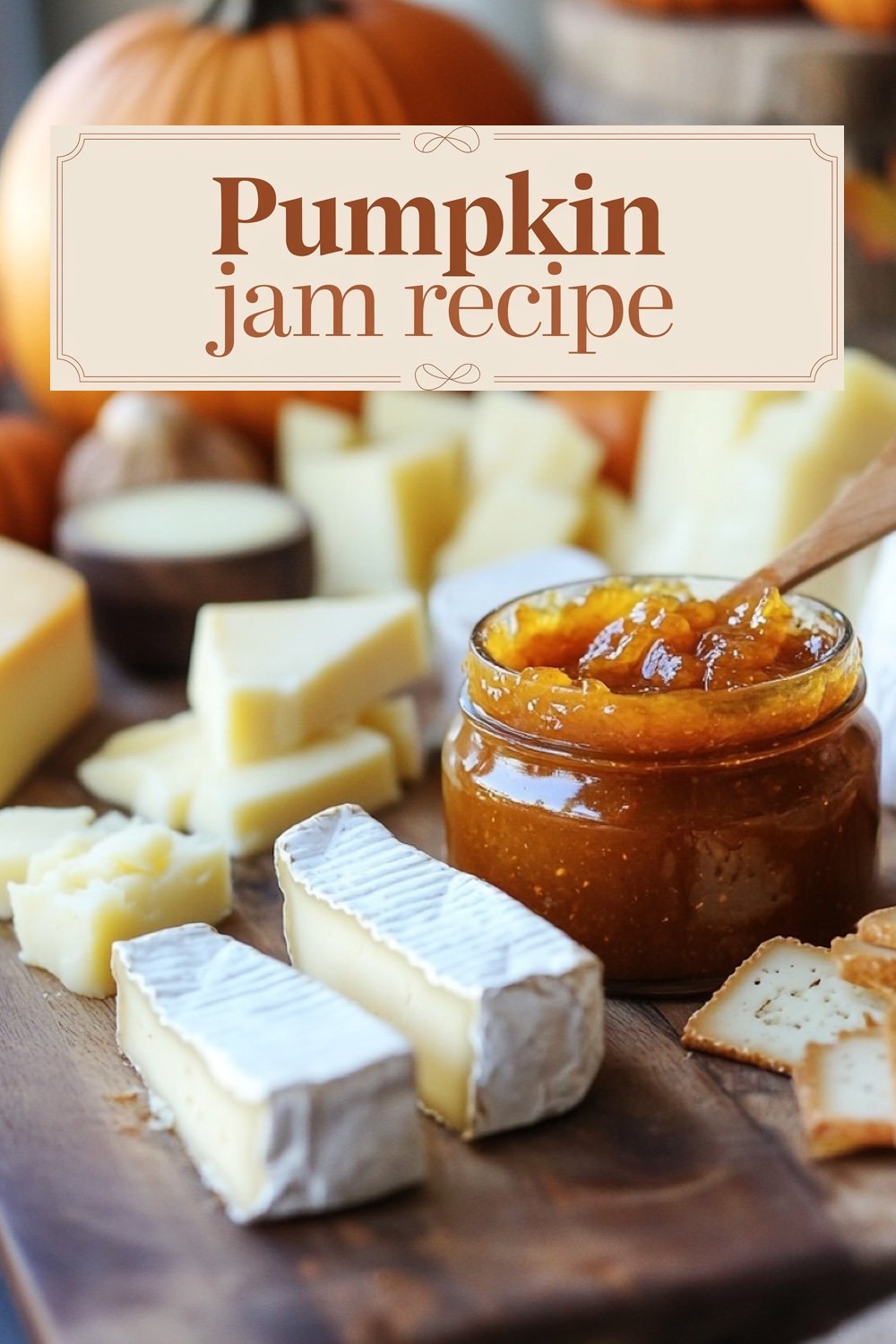 Pumpkin jam presented in a glass jar amidst a variety of cheeses and crackers, suggesting pairing options, with a decorative 'Pumpkin Jam Recipe' text overlay.