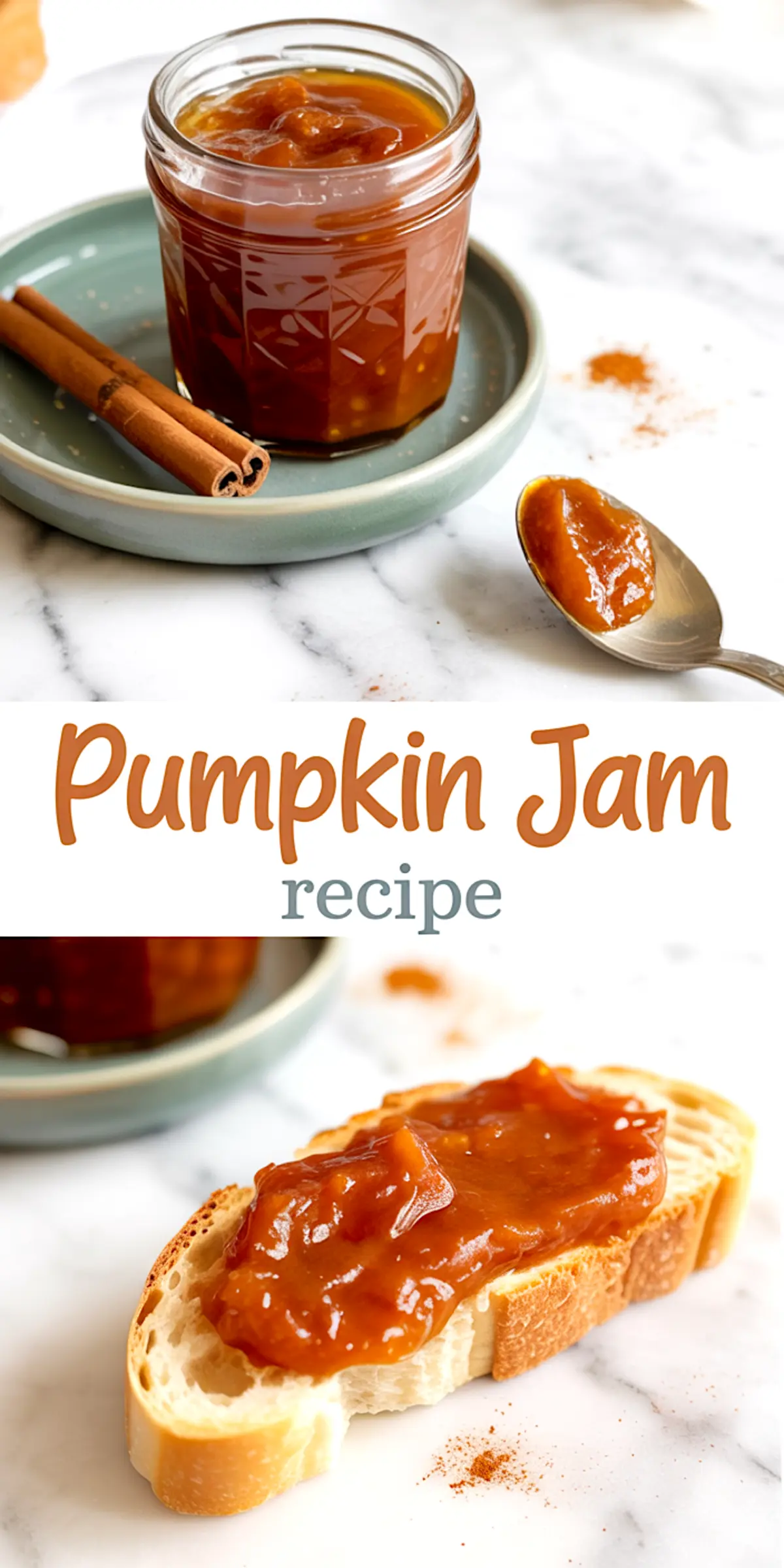 Glass jar of homemade pumpkin jam with cinnamon sticks, a spoonful of thick pumpkin spread, and a slice of bread topped with glossy pumpkin jam made from canned pumpkin and warm spices.