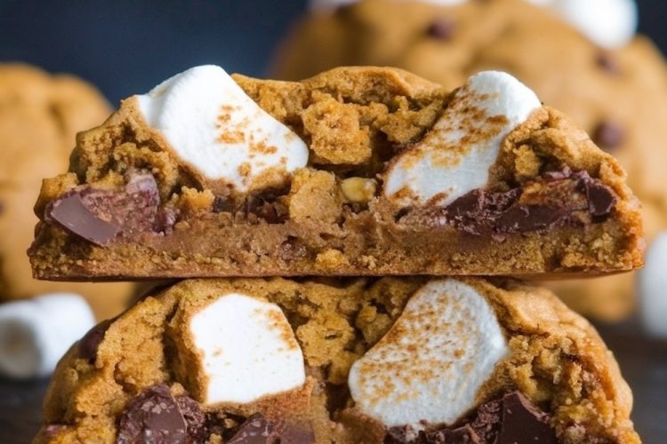 Close-up of a pumpkin s'mores cookie split in half, revealing gooey marshmallow, rich chocolate chunks, and soft pumpkin-flavored cookie dough.