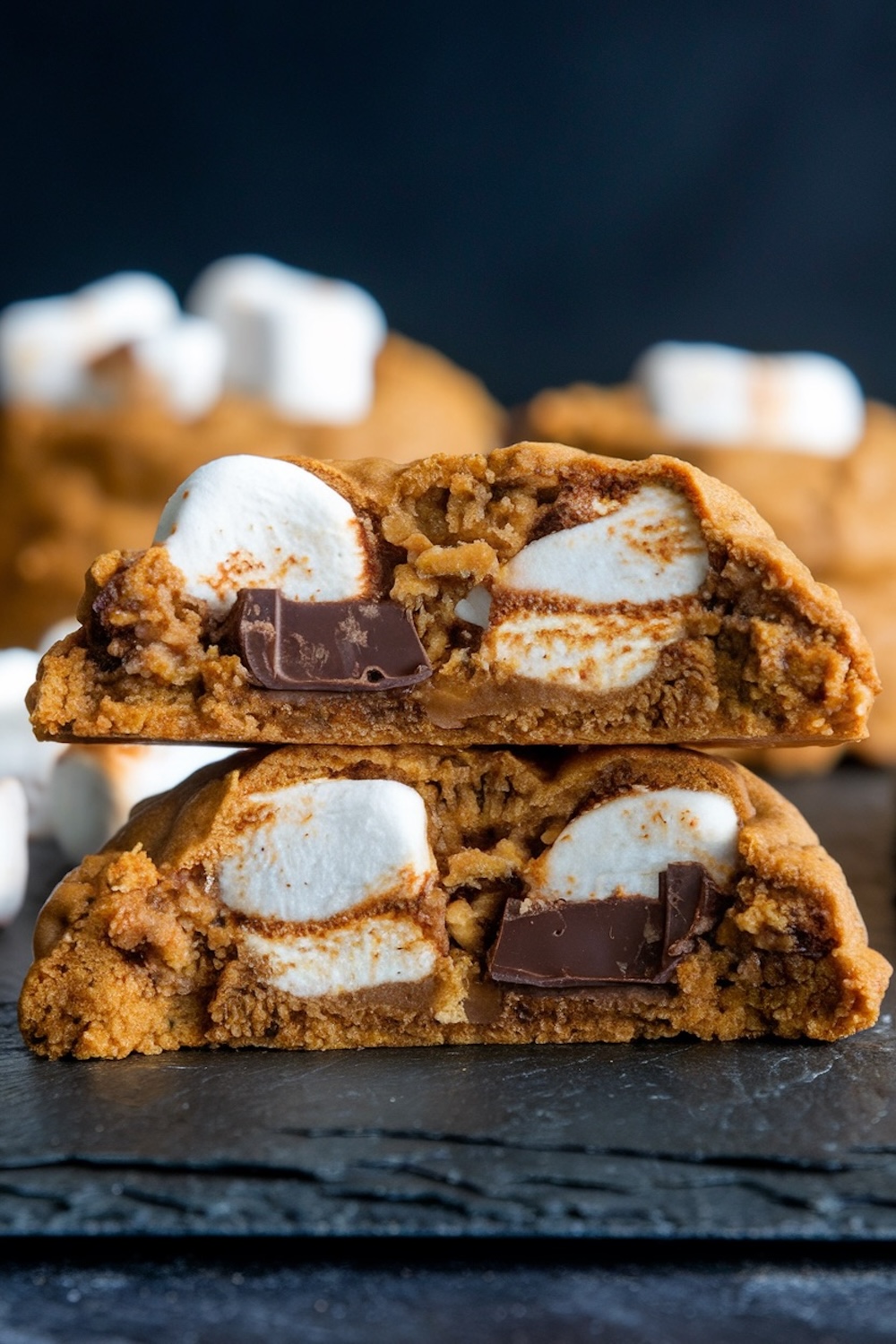 Two halves of a pumpkin s'mores cookie stacked, showing melty marshmallows and chunks of chocolate embedded in soft, spiced dough.