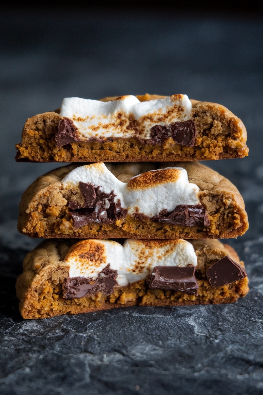 Triple-layered pumpkin s'mores cookie halves, with toasty marshmallows and melted chocolate peeking from within the cookie layers.