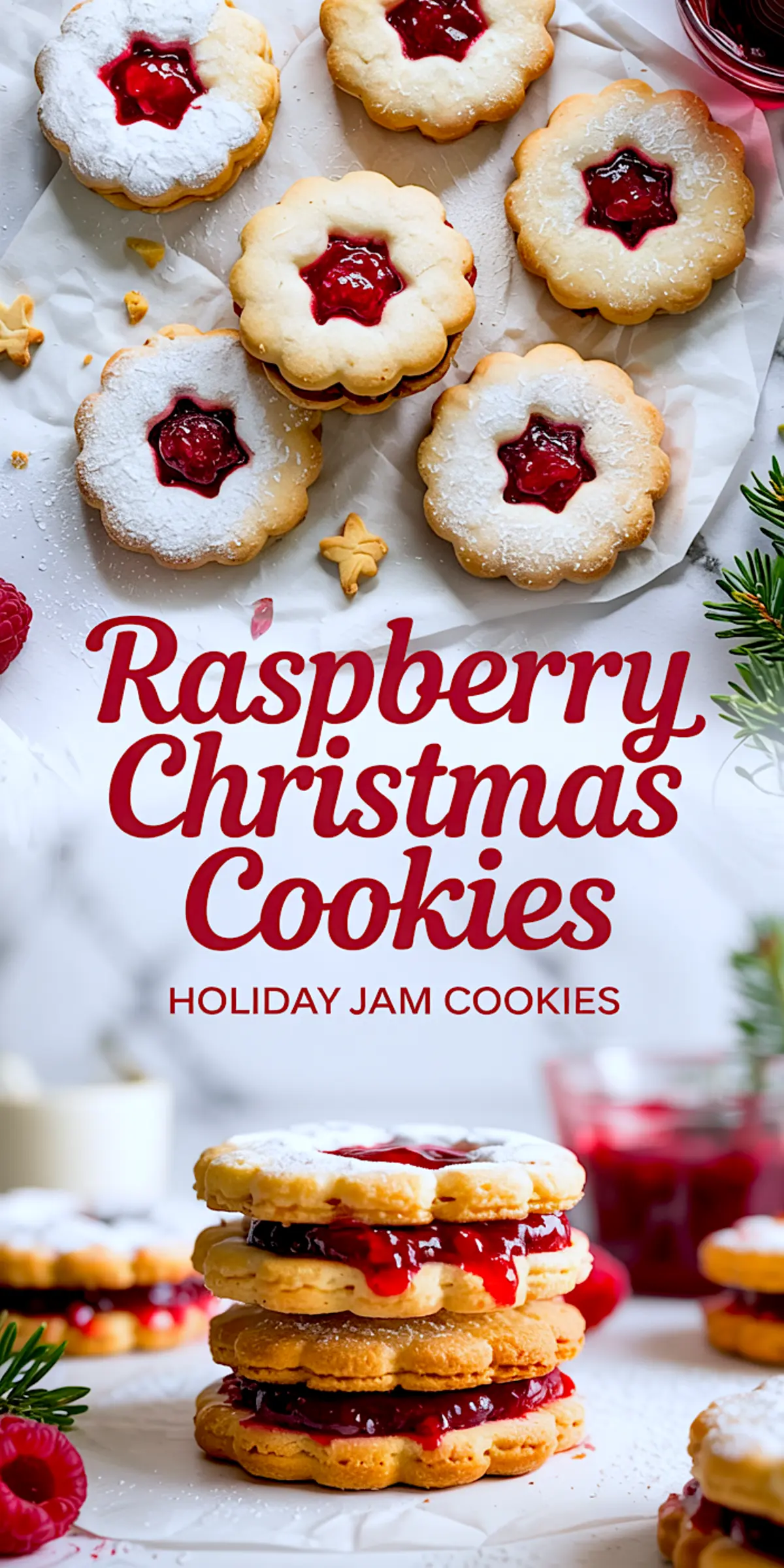 Collage of Raspberry Christmas Cookies filled with vibrant raspberry jam. Top view shows flower-shaped Linzer-style cookies with jam centers, some dusted with powdered sugar. Bottom view features a stack of raspberry-filled cookies with jam oozing between golden layers. Holiday jam cookies ideal for Christmas baking recipes, cookie exchanges, and festive desserts. Raspberry Linzer Cookies with sweet filling and crisp texture.