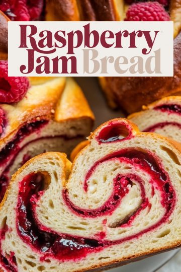 A vertical close-up of a sliced raspberry jam bread, showing the intricate swirls of jam within. The top of the image features a bold, stylish font announcing "Raspberry Jam Bread.