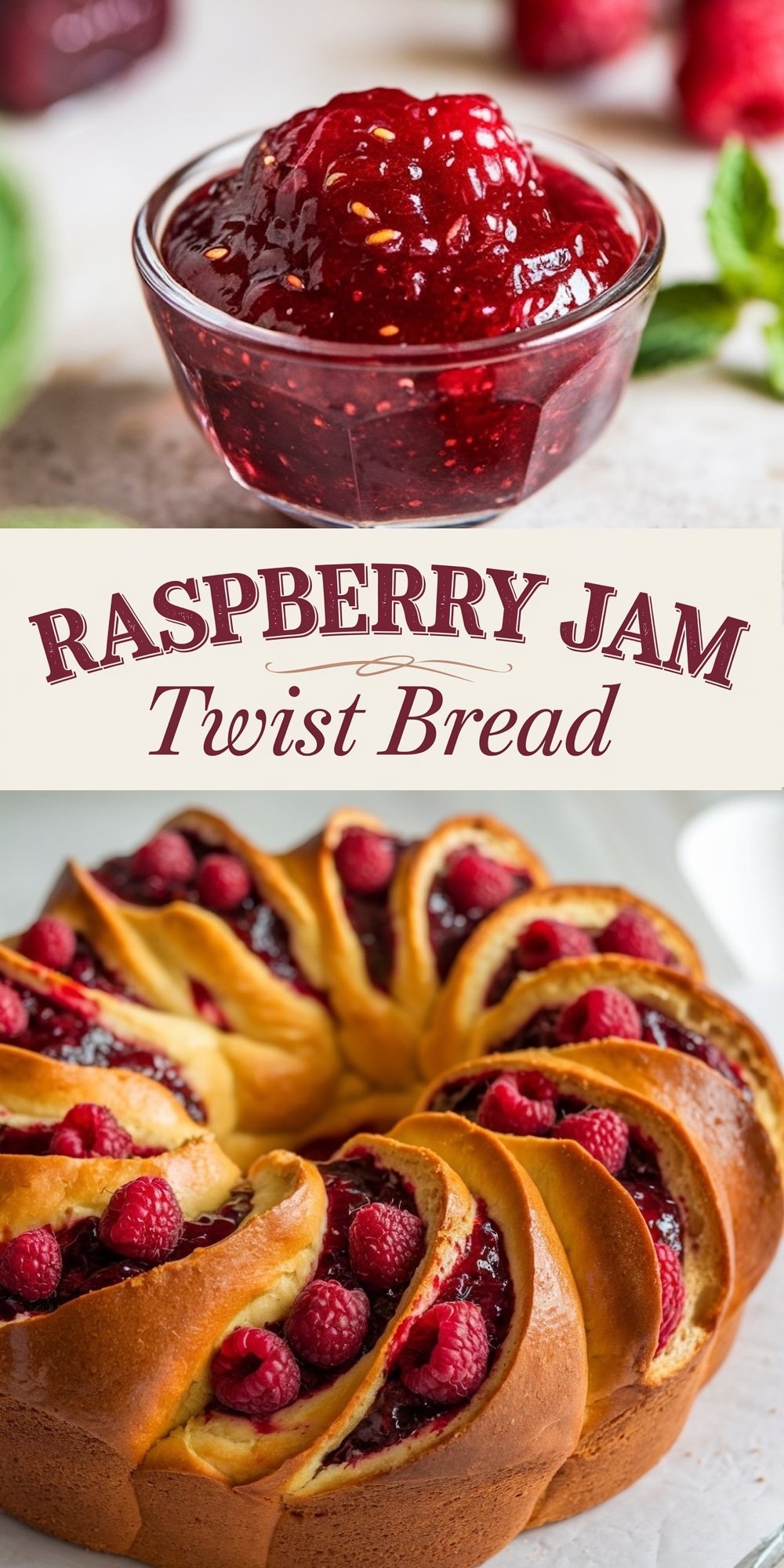  A vibrant image of raspberry jam in a clear glass bowl, with fresh raspberries and mint leaves in the background. Below, a promotional title for "Raspberry Jam Twist Bread" is elegantly styled with ornate fonts.