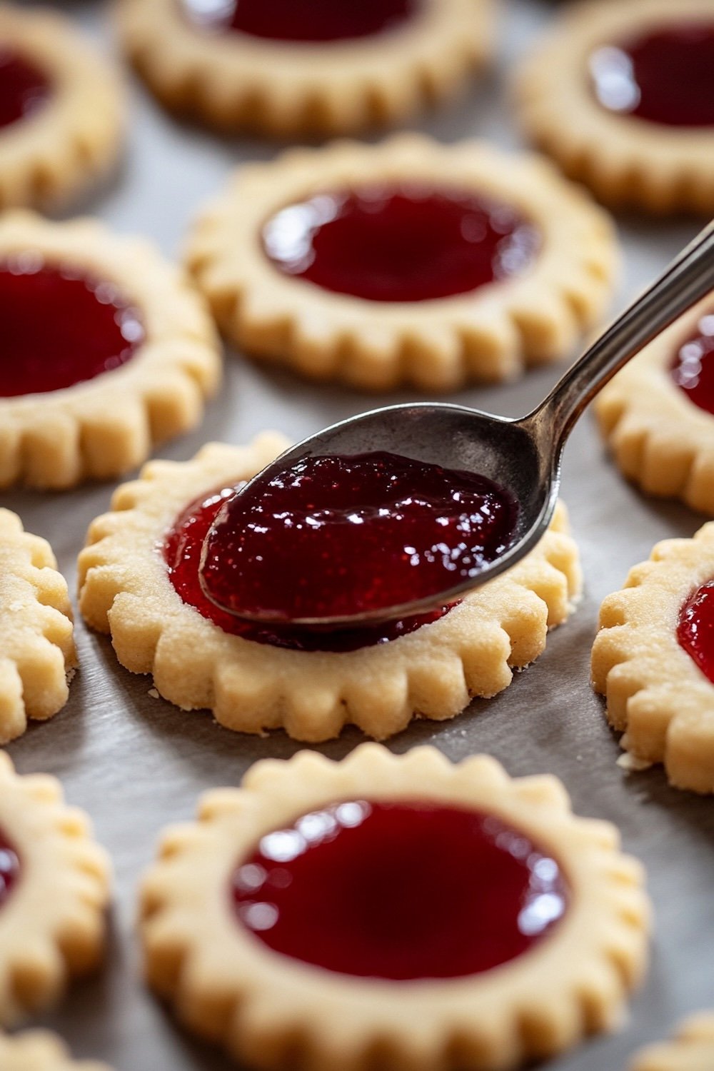 Close-up view of unbaked Linzer cookies on a baking sheet, showing round shapes with star and heart cutouts ready to be filled with glossy raspberry jam using a spoon.