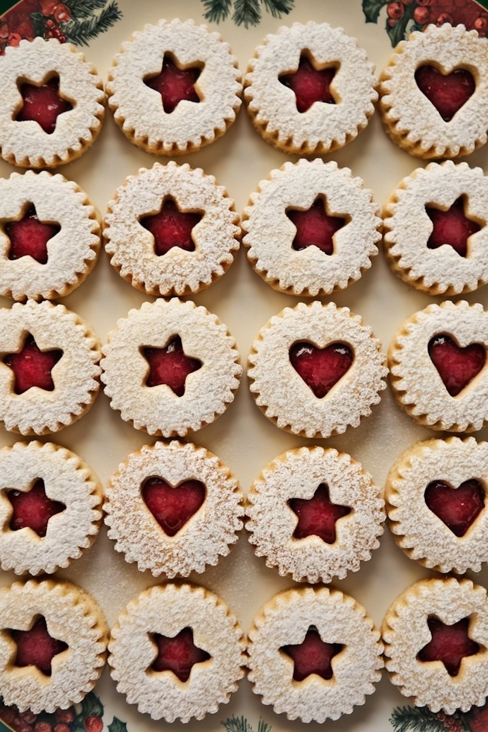 Array of Linzer cookies with star and heart cutouts, each filled with raspberry jam and dusted with powdered sugar, presented on a green plate with a subtle holly pattern.