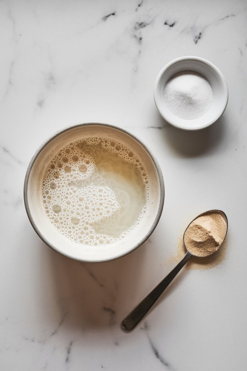 A bowl of foamy yeast mixture, prepared with milk and sugar, sits on a marble countertop beside a small bowl of sugar and a spoonful of dry yeast. This setup captures the early stages of activating yeast, essential for creating fluffy and flavorful brioche dough, perfect for a raspberry swirl loaf.