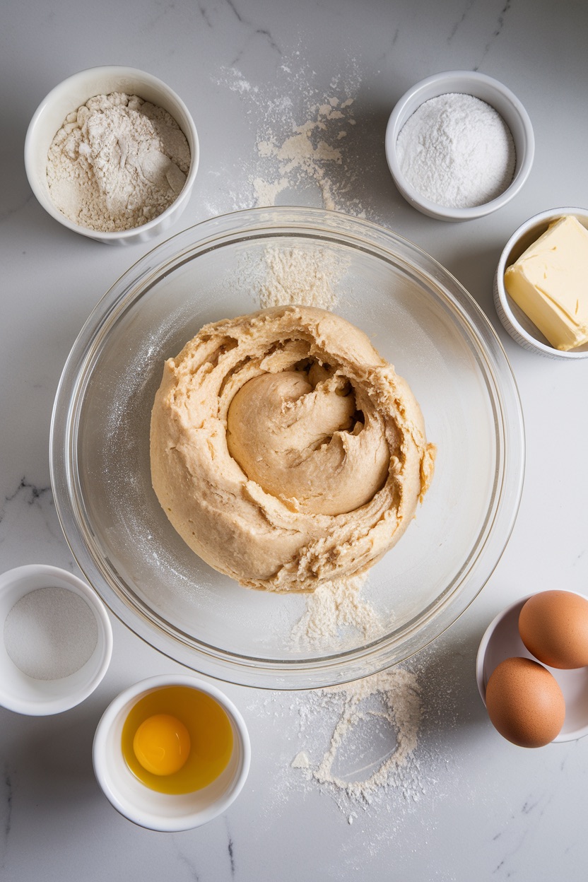 A glass mixing bowl filled with soft, partially kneaded dough on a marble countertop, surrounded by ingredients such as flour, sugar, butter, and eggs. This setup highlights the initial dough preparation for a brioche loaf, ready to be enriched with a sweet raspberry swirl.
