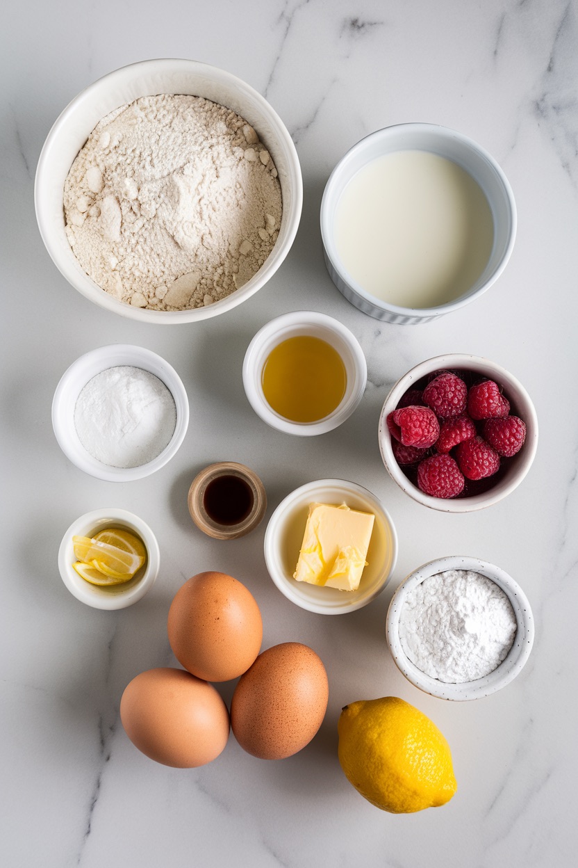 A carefully arranged display of ingredients for a raspberry swirl brioche loaf, including flour, fresh raspberries, butter, milk, eggs, lemon, and vanilla extract. Set against a marble background, this assortment showcases the ingredients needed for a light, fruity, and buttery homemade brioche loaf.