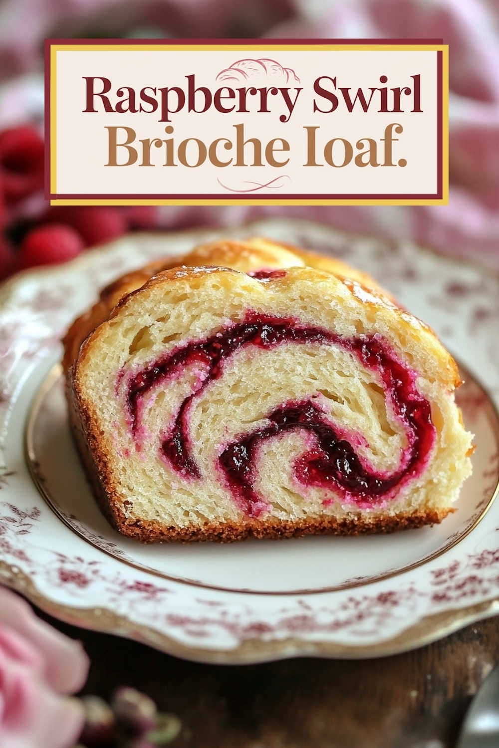Close-up of a slice of Raspberry Swirl Brioche Loaf on a vintage floral plate, showcasing the intricate swirls of raspberry filling against the soft texture of the bread.