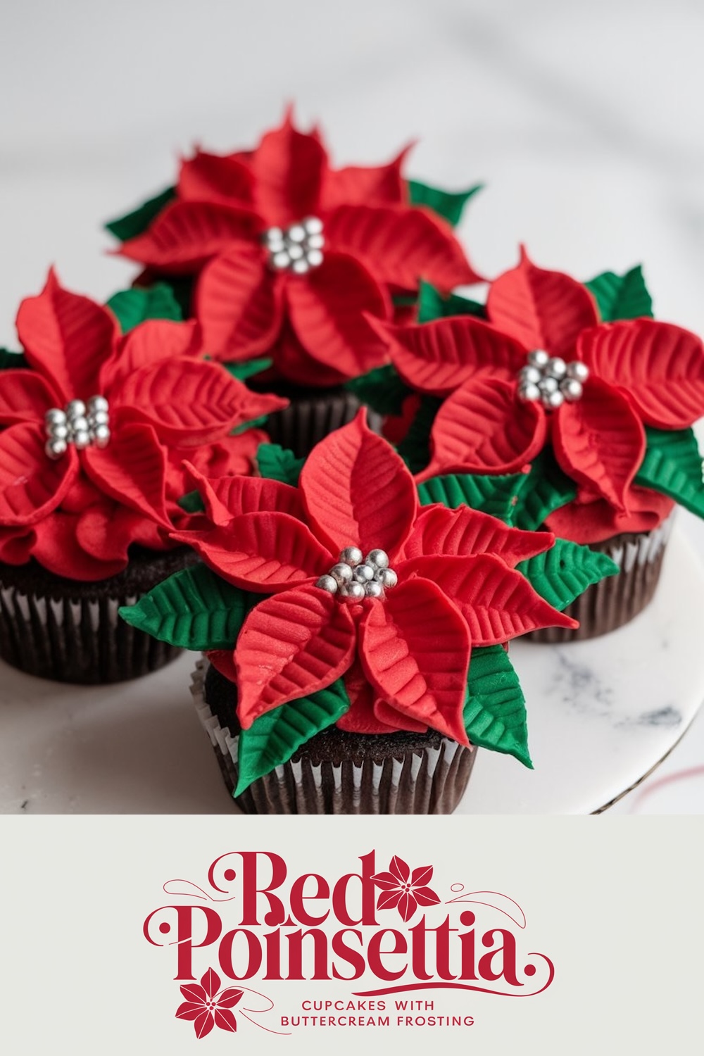 Celebrate the holiday season with these vibrant Red Poinsettia Cupcakes, adorned with edible poinsettia petals and silver pearls, perfect for a Christmas gathering.