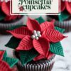 Festive chocolate cupcakes beautifully topped with red and green poinsettia petals crafted from fondant and finished with silver accents. Perfect for a holiday dessert table.