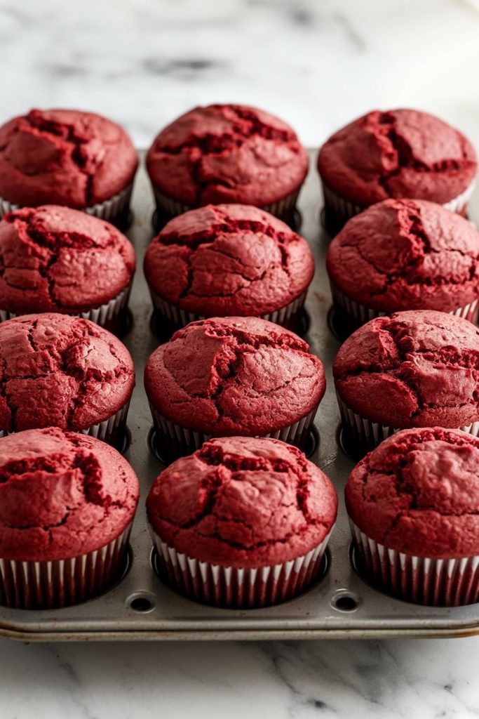 Freshly baked red velvet cupcakes with a cracked top, cooling in a muffin tray.
