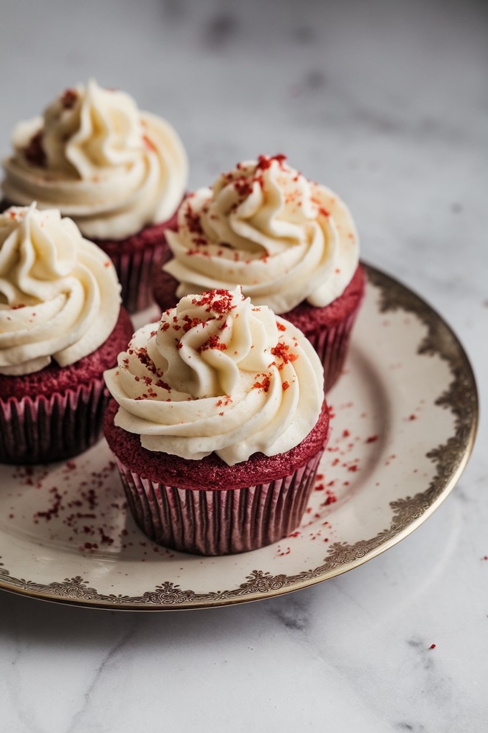 A plate of freshly baked red velvet cupcakes, featuring a classic, rich red color and a soft, fluffy texture.
