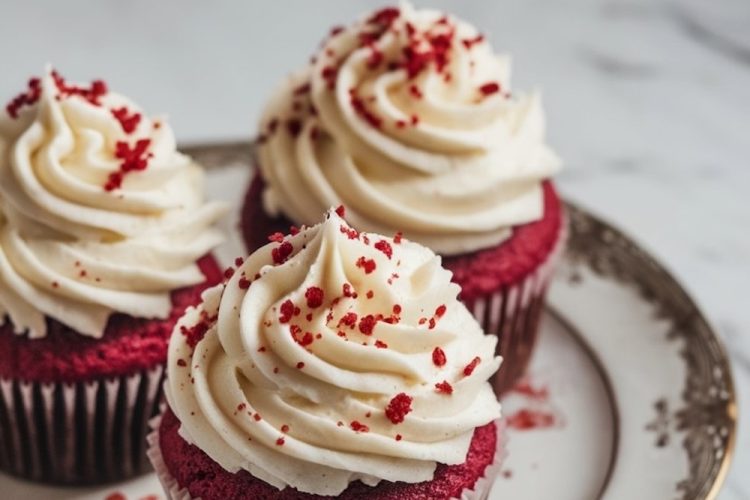 Three red velvet cupcakes topped with swirls of cream cheese frosting and red crumbs on an elegant plate.