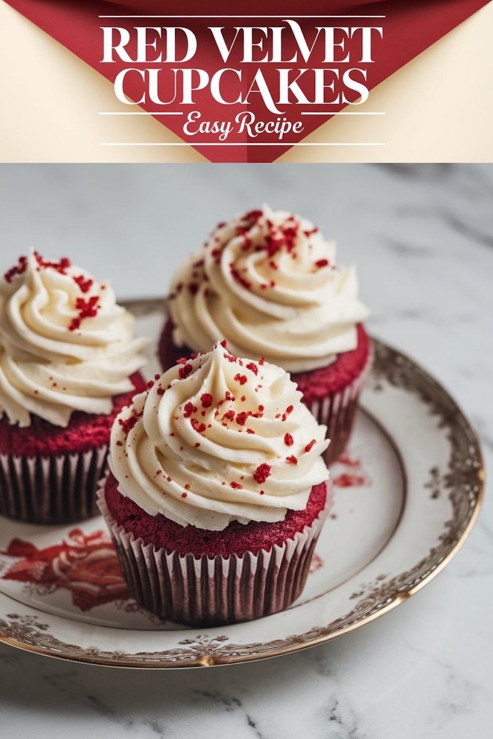 Three red velvet cupcakes topped with swirls of cream cheese frosting and red crumbs on an elegant plate.