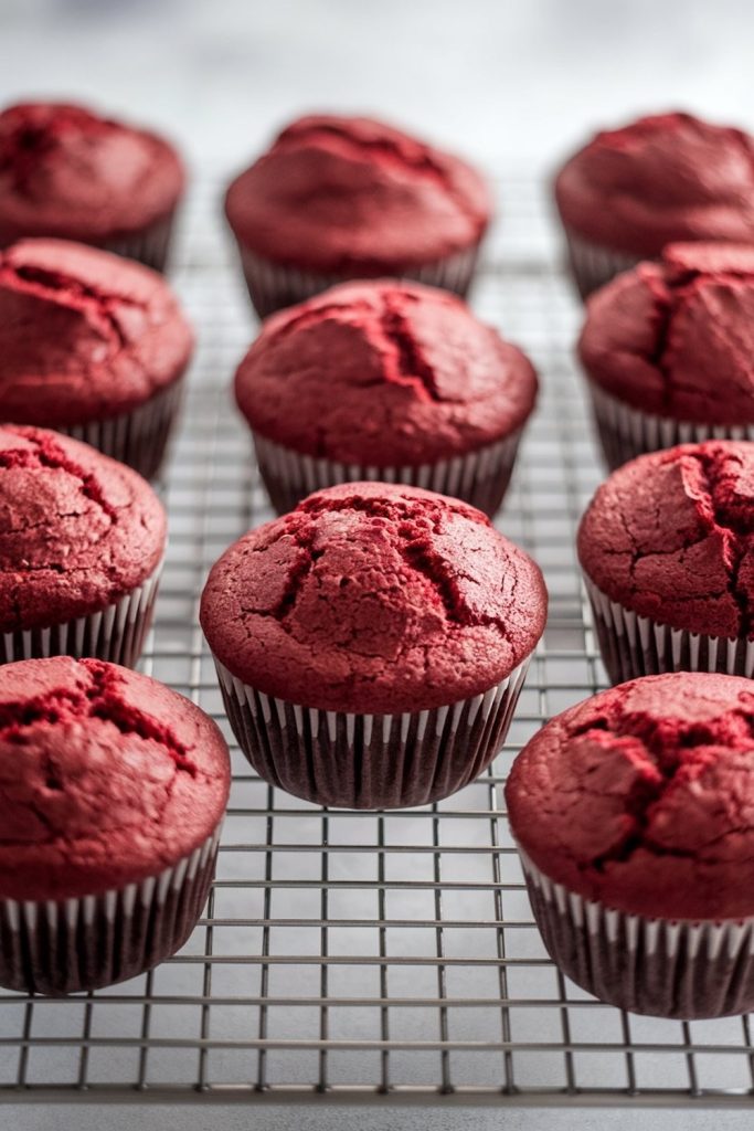 Freshly baked red velvet cupcakes cooling on a wire rack, showcasing their deep red color and slightly cracked domed tops.