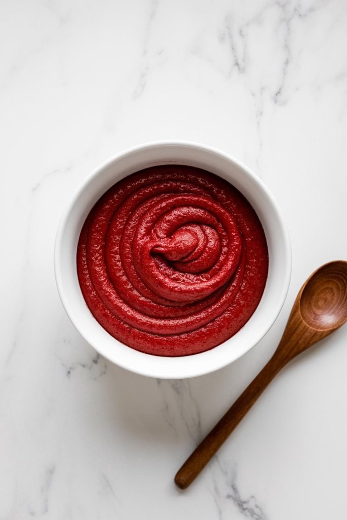A bowl of smooth, vibrant red velvet cupcake batter, ready to be poured into cupcake molds.