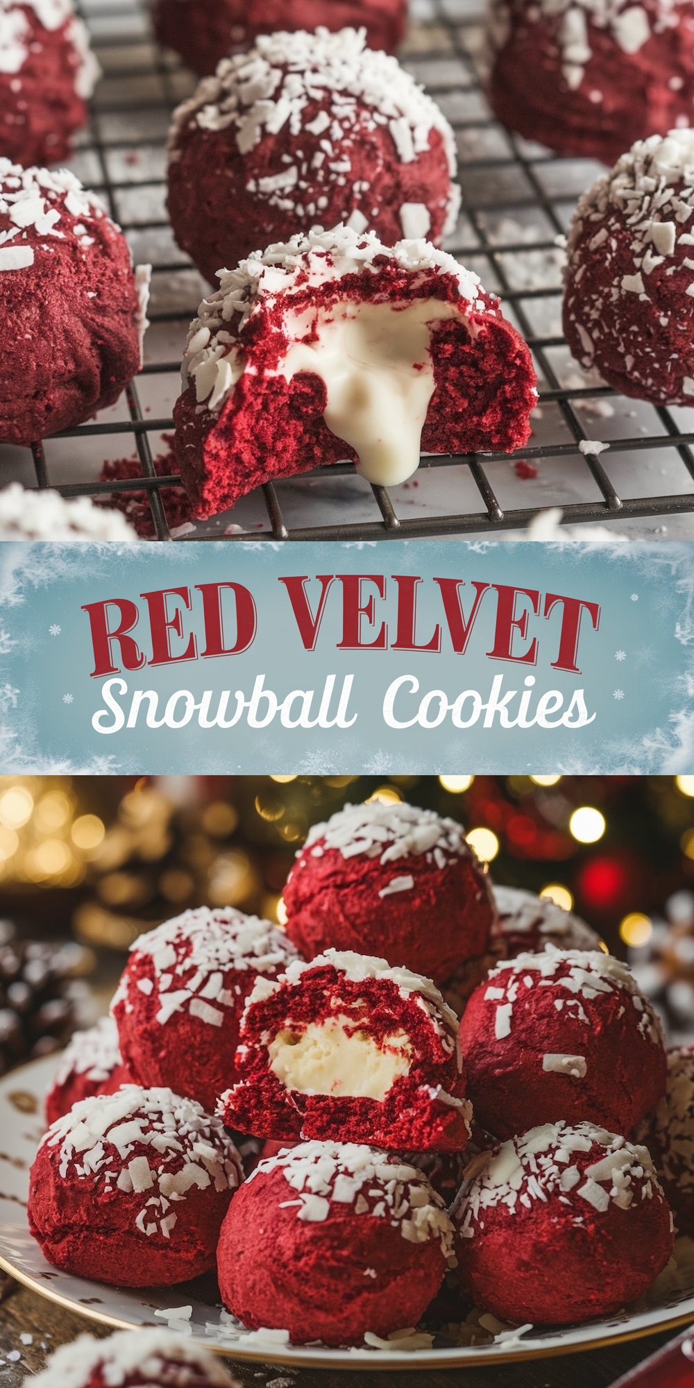 Red velvet snowball cookies on a wire rack, each topped with white coconut flakes, with a close-up of one cookie showing a creamy white filling inside.