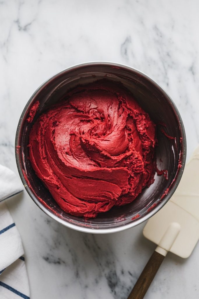 A bowl of rich red velvet cookie dough in a stainless steel mixing bowl, with a spatula, set on a white marble countertop.