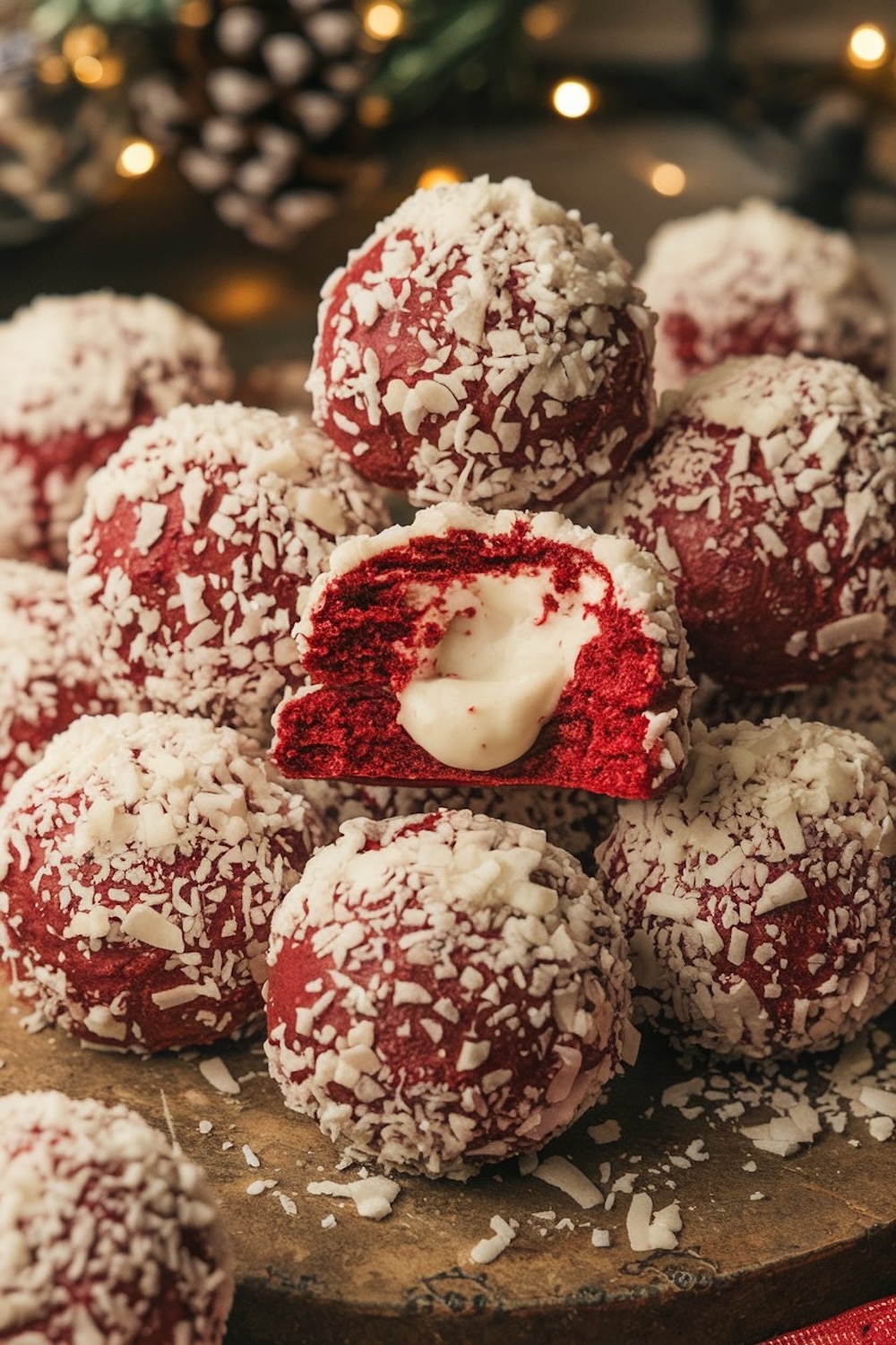 A platter filled with red velvet snowball cookies, each dusted with coconut flakes, placed on a holiday table setting with a background of festive lights.