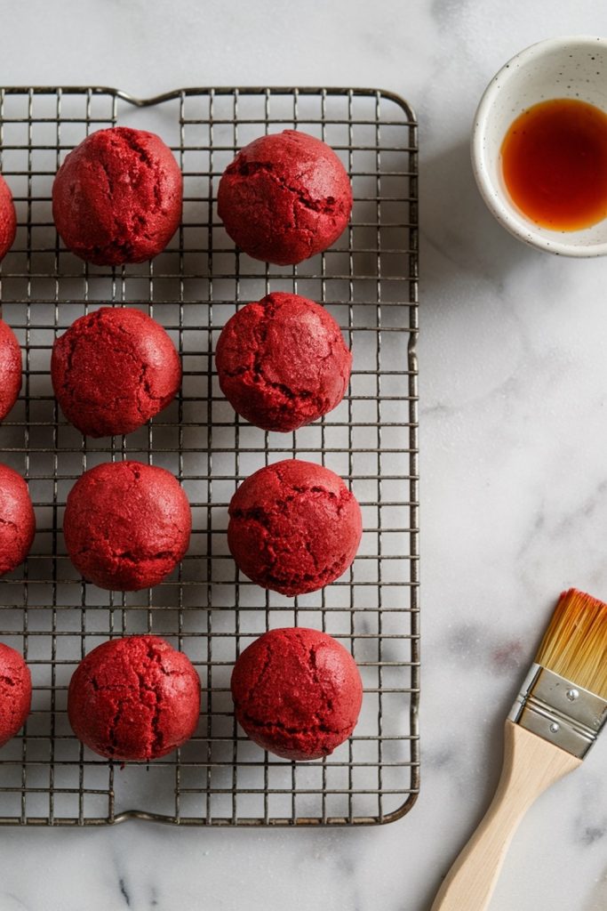 Freshly baked red velvet cookies cooling on a wire rack, with a deep red hue, accompanied by a small dish of syrup and a pastry brush.