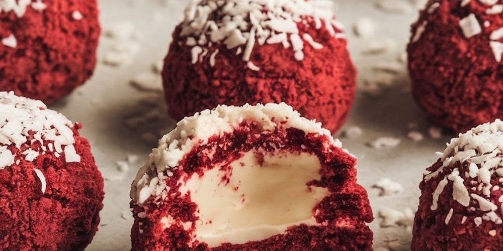 Close-up of red velvet snowball cookies on a baking sheet, showing the rich red color and coconut topping, with one cookie broken open to reveal a white cream filling.