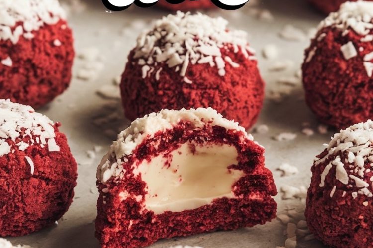 Close-up of red velvet snowball cookies on a baking sheet, showing the rich red color and coconut topping, with one cookie broken open to reveal a white cream filling.