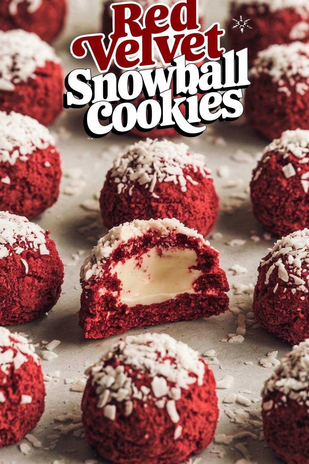 Close-up of red velvet snowball cookies on a baking sheet, showing the rich red color and coconut topping, with one cookie broken open to reveal a white cream filling.