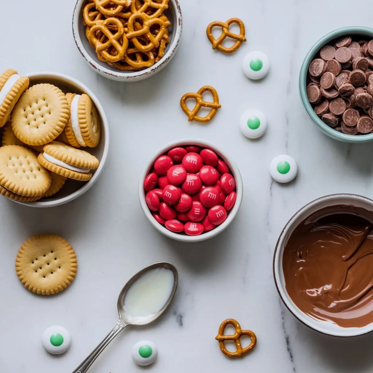 Flat lay of ingredients for reindeer cookies on a white marble surface, including sandwich cookies, red candy-coated chocolates, small pretzels, candy eyes, milk chocolate chips, melted chocolate, and sweetened condensed milk.
