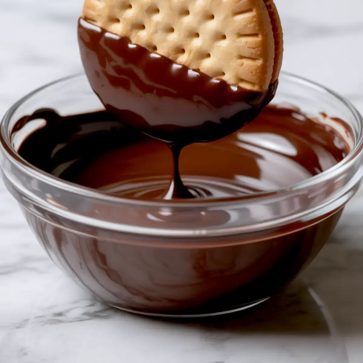 Close-up of a sandwich cookie being dipped halfway into a bowl of glossy melted chocolate for dessert decoration.